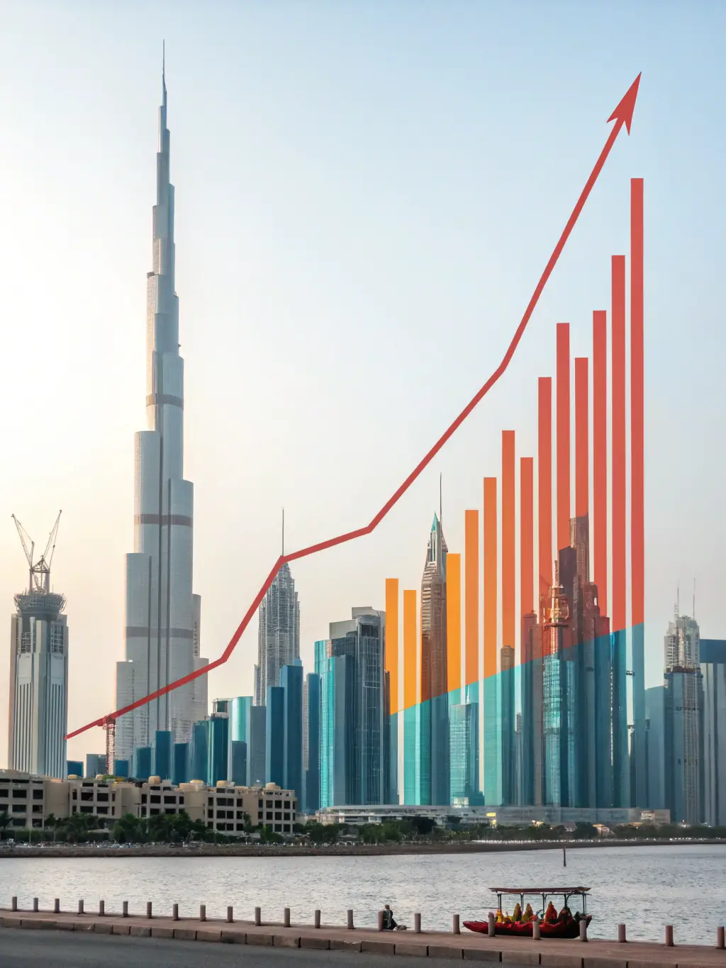 A digital illustration depicting a rising graph overlaid on a blueprint of a modern Dubai skyscraper, representing successful investment growth and strategic planning.