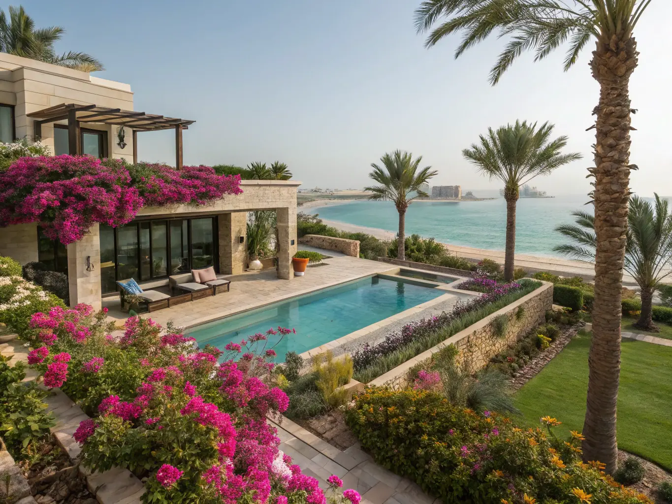A contemporary villa in Ras Al Khaimah, surrounded by lush greenery and offering a serene living environment, highlighting the tranquility and investment potential of off-plan properties in RAK.