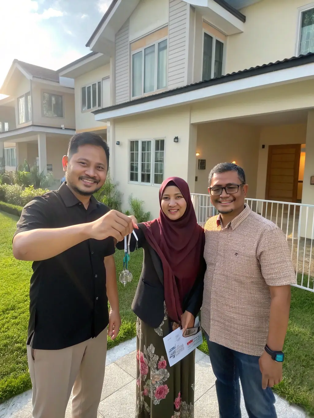 A photograph of Mohammad Amid handing over keys to a satisfied client in front of a newly completed Dubai property, symbolizing successful transactions and client satisfaction.